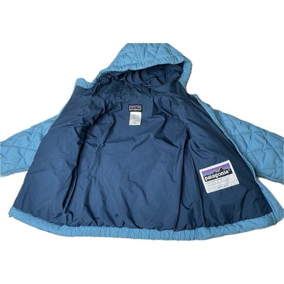 PATAGONIA BLUE DOWN FILL HOODED PUFFER PUFFY KIDS JACKET 3T QUILT ELBOW PATCH - Picture 3 of 12